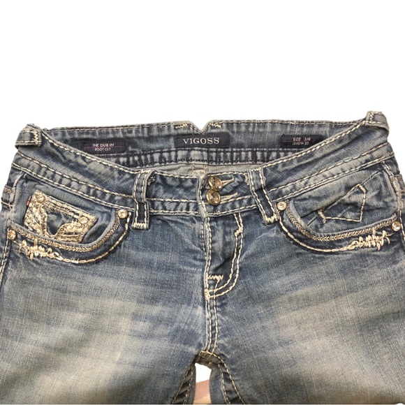 Vigoss The Dublin Bootcut Jeans Blue Denim Designer Jeans Crystals Gems low rise - Picture 6 of 15